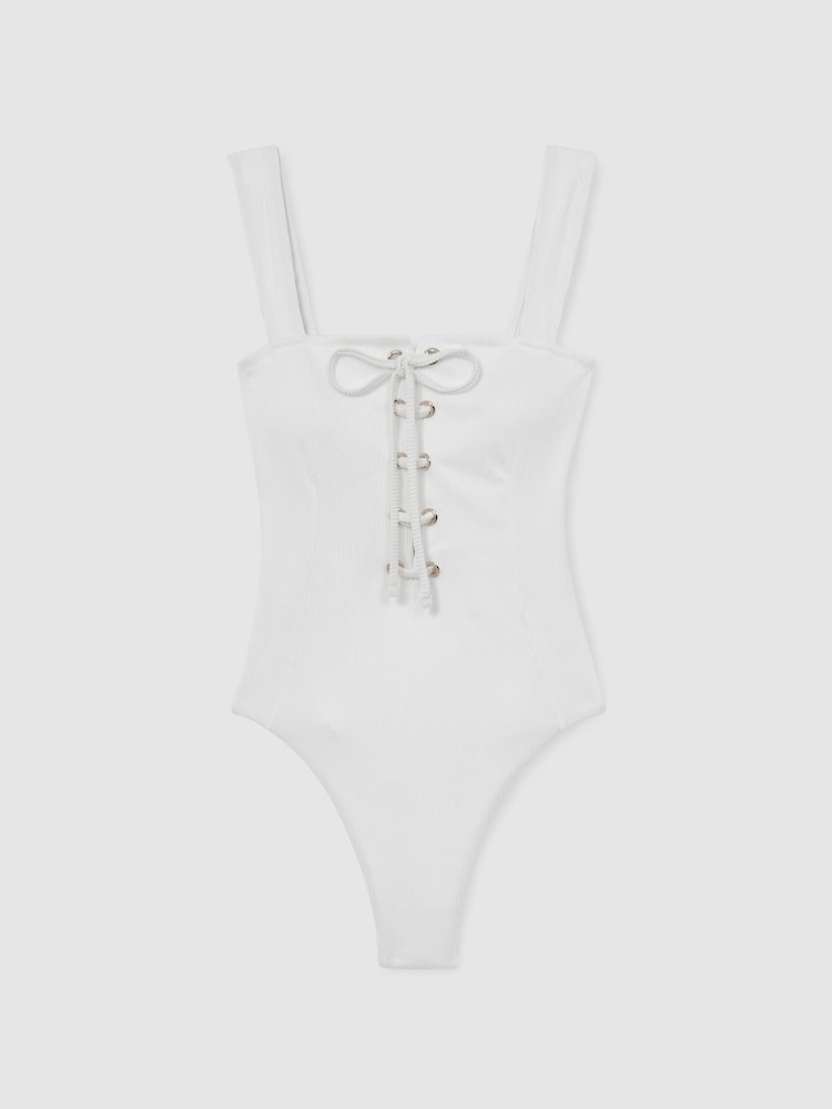 Reiss White Fabienne Ribbed Lace-Up Swimsuit - Image 2 of 5