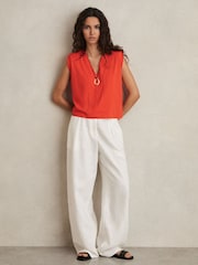 Reiss Coral Dixie Shoulder-Pad 100% Cotton V-Neck Top - Image 1 of 5