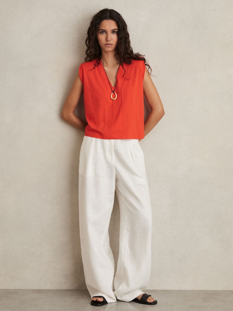 Reiss Coral Dixie Shoulder-Pad 100% Cotton V-Neck Top - Image 1 of 5