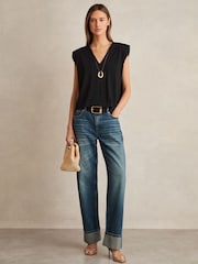 Reiss Black Dixie Shoulder-Pad 100% Cotton V-Neck Top - Image 1 of 5
