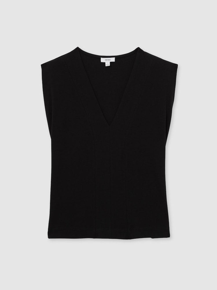 Reiss Black Dixie Shoulder-Pad 100% Cotton V-Neck Top - Image 2 of 5