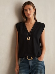 Reiss Black Dixie Shoulder-Pad 100% Cotton V-Neck Top - Image 3 of 5