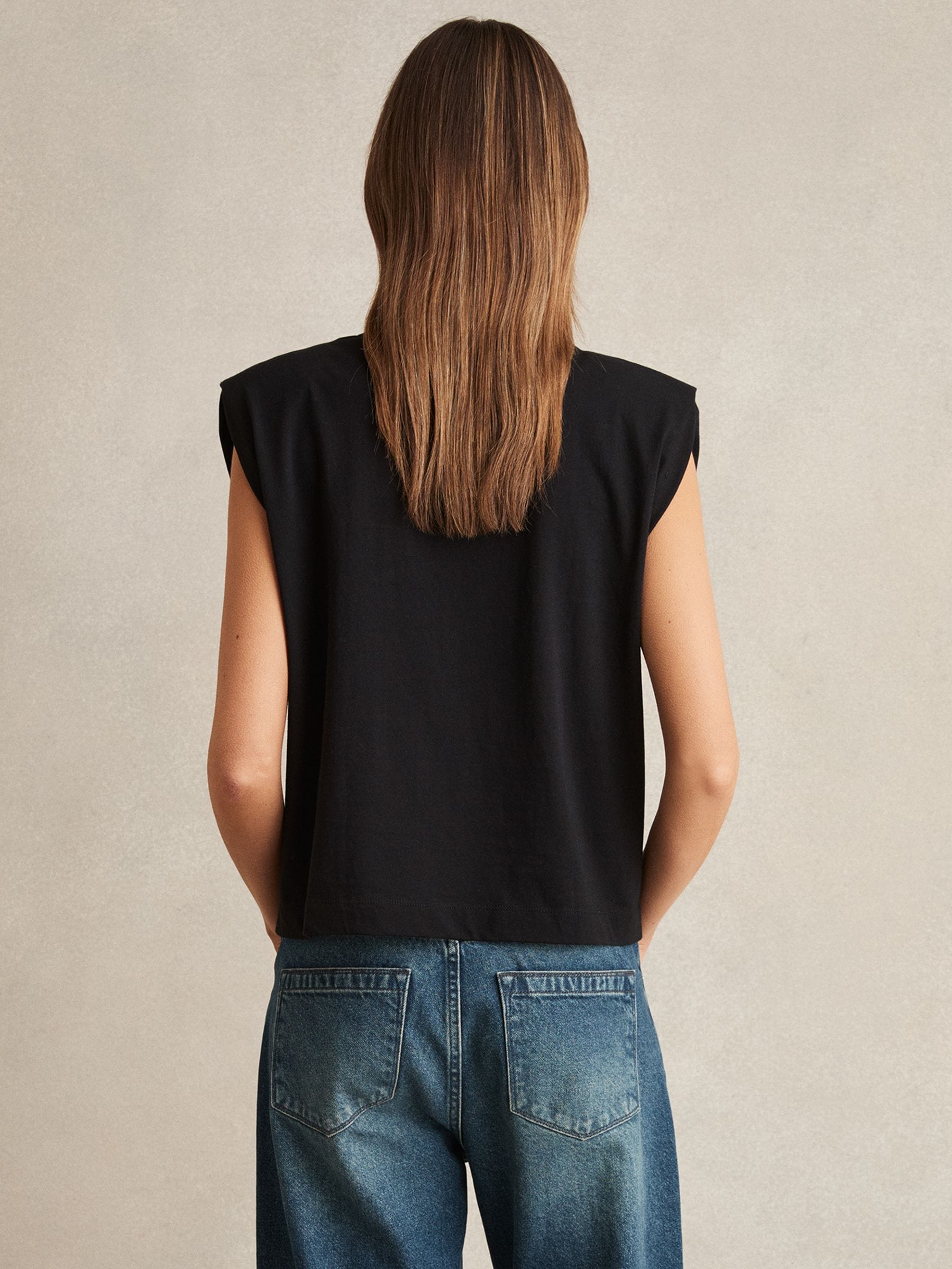 Buy Reiss Black Dixie Cotton Shoulder-Pad V-Neck Top from