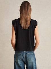 Reiss Black Dixie Shoulder-Pad 100% Cotton V-Neck Top - Image 4 of 5