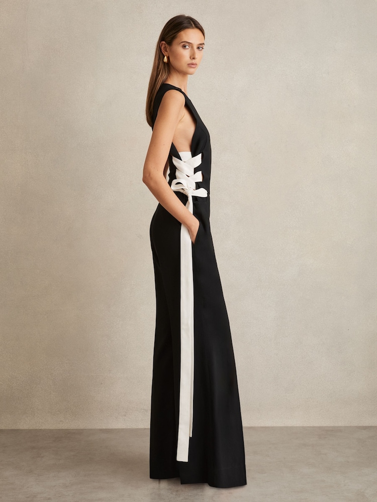 Reiss Navy/White Emma Lace-Up Side Wide-Leg Jumpsuit - Image 1 of 6