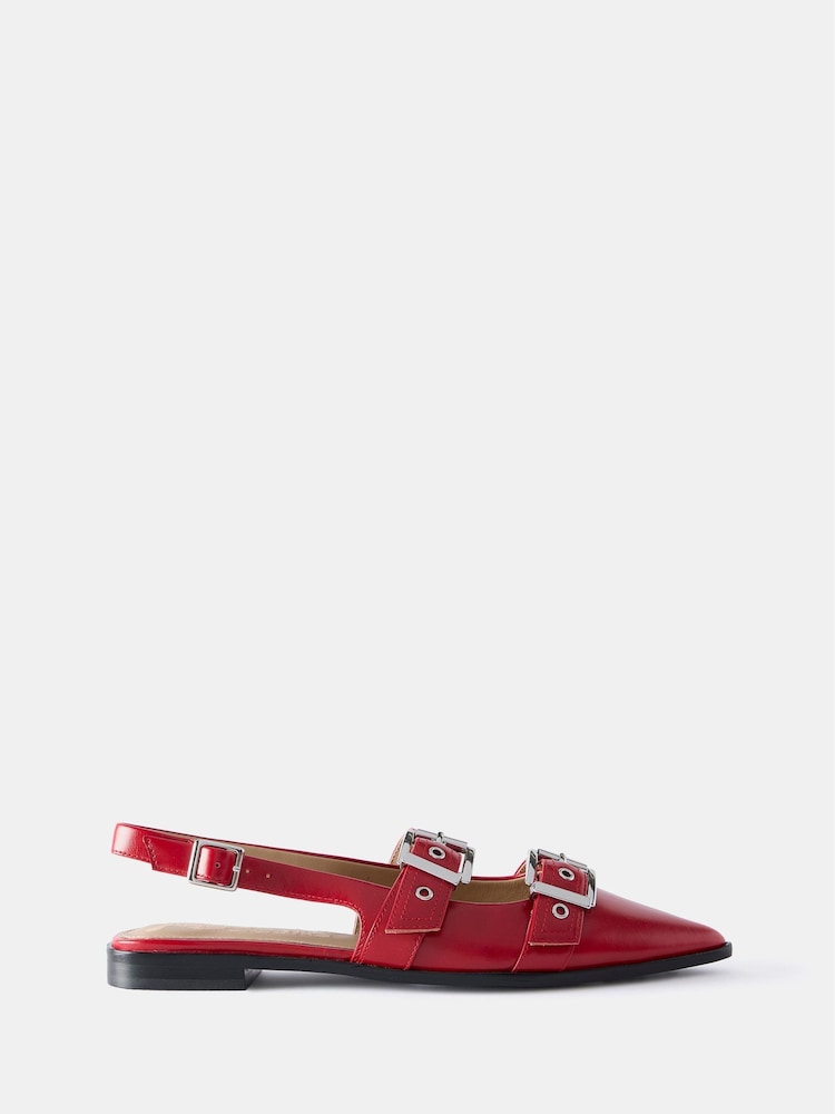 Mint Velvet Red Leather Buckled Flat Shoes - Image 2 of 5