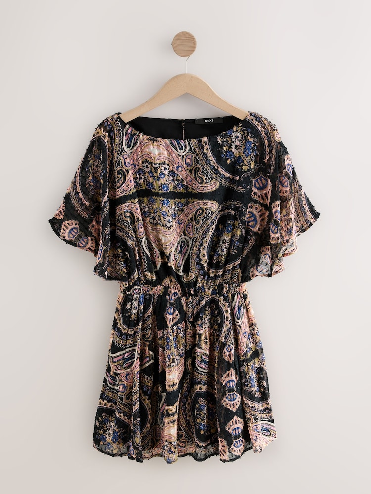 Pink Paisley Print Mini Textured Dobby Elasticated Waist Dress - Image 1 of 3