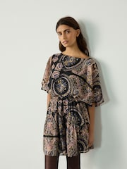 Pink Paisley Print Mini Textured Dobby Elasticated Waist Dress - Image 4 of 8