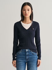 GANT Blue Dark Stretch Cotton Cable V-Neck Jumper - Image 1 of 4