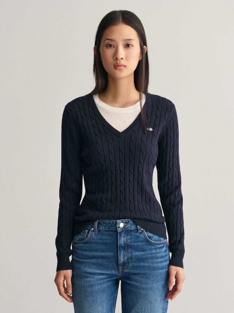 GANT Blue Dark Stretch Cotton Cable V-Neck Jumper - Image 1 of 4