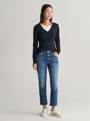 GANT Blue Dark Stretch Cotton Cable V-Neck Jumper - Image 3 of 4