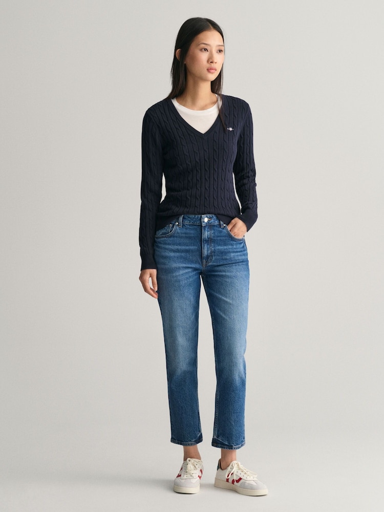 GANT Blue Dark Stretch Cotton Cable V-Neck Jumper - Image 3 of 4