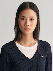 GANT Blue Dark Stretch Cotton Cable V-Neck Jumper - Image 4 of 4