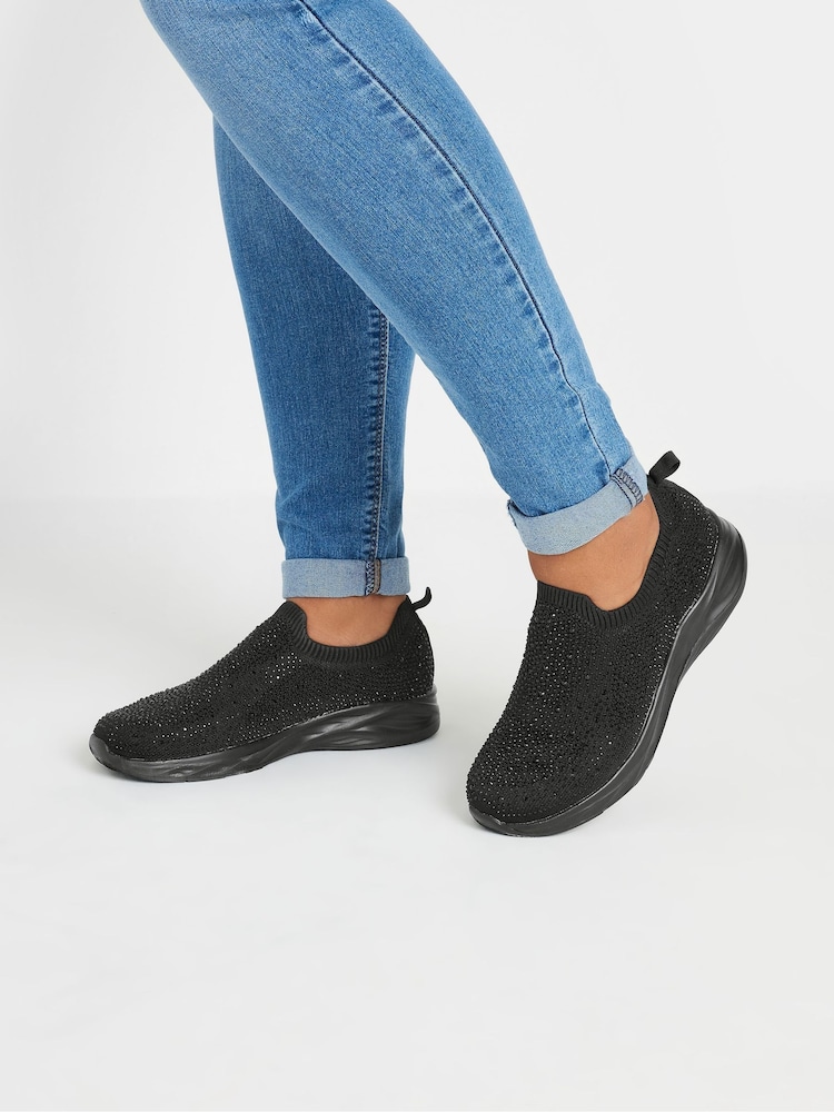 Yours Curve Black Extra-Wide Fit Slip On Diamante Trainers - Image 1 of 5