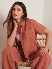 Long Tall Sally Orange Cheesecloth Short Sleeve 100% Cotton Shirt - Image 1 of 6