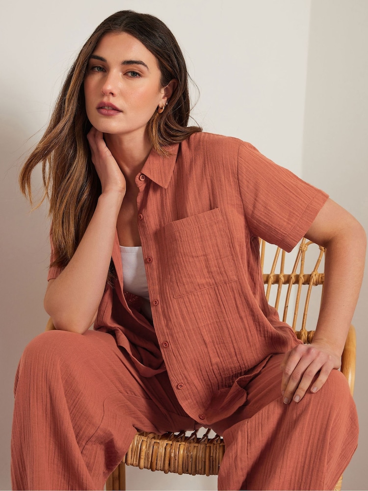 Long Tall Sally Orange Cheesecloth Short Sleeve 100% Cotton Shirt - Image 1 of 6