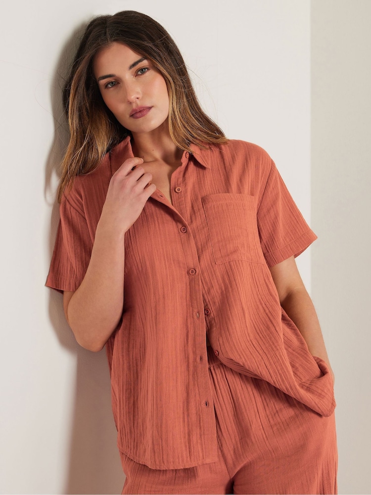 Long Tall Sally Orange Cheesecloth Short Sleeve 100% Cotton Shirt - Image 3 of 6