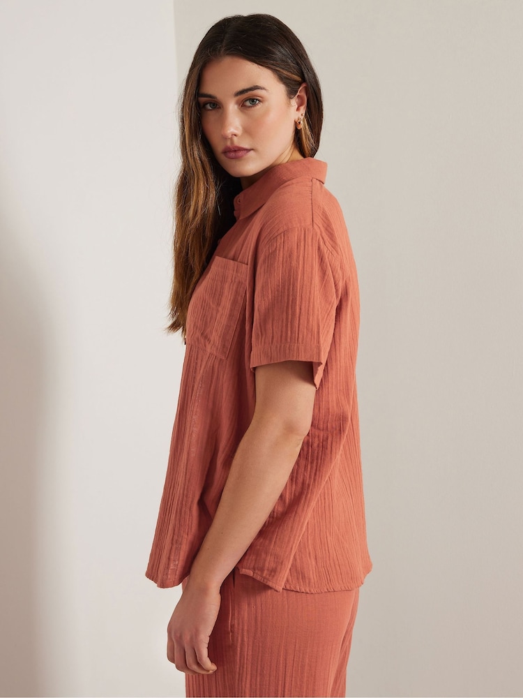 Long Tall Sally Orange Cheesecloth Short Sleeve 100% Cotton Shirt - Image 5 of 6