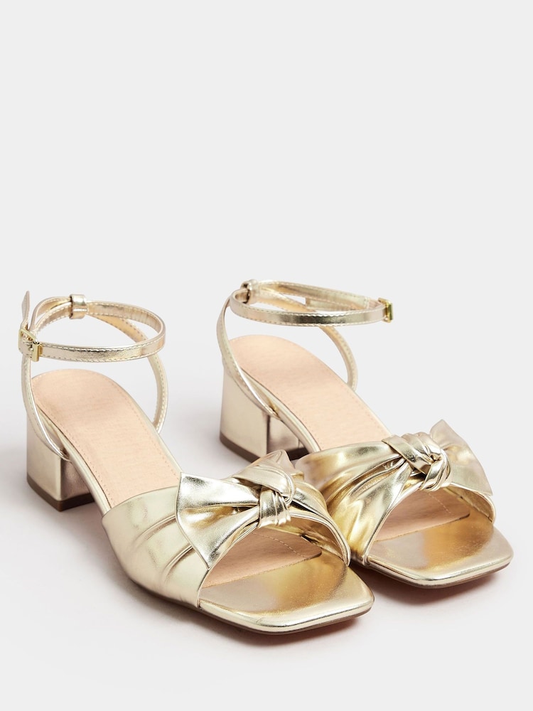 Yours Curve Gold Extra Wide Fit Wide Fit Mid Block Bow Sandals - Image 1 of 4