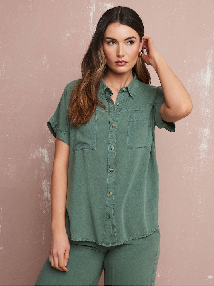 Long Tall Sally Green Acid Wash Pocket Shirt - Image 1 of 5
