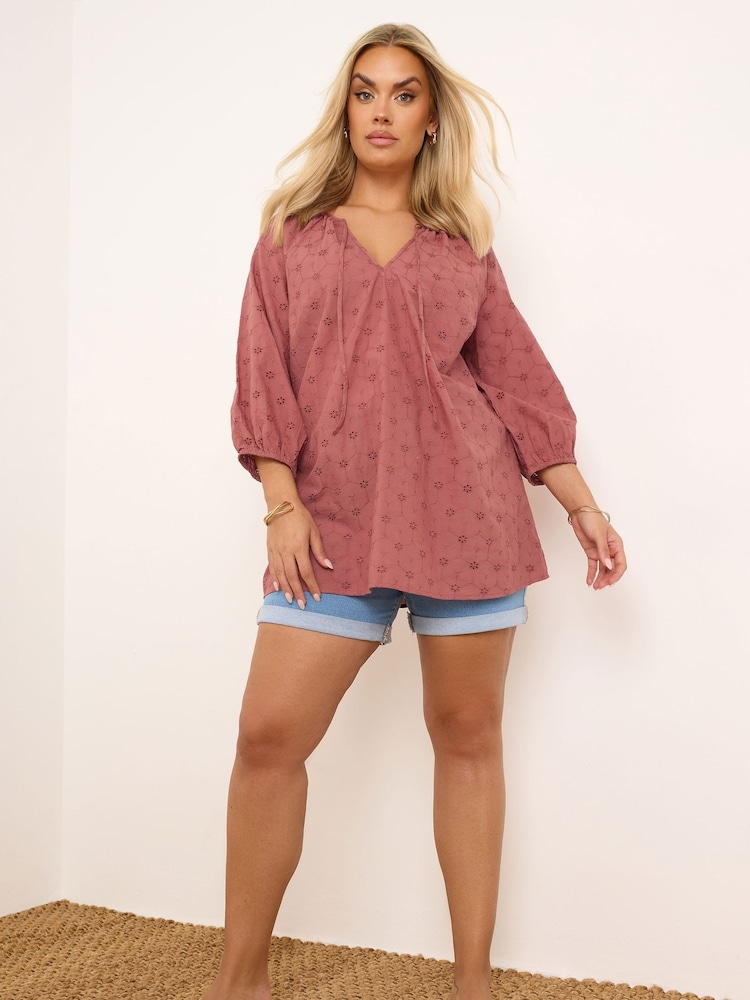 Yours Curve Purple Broderie Boho 100% Cotton Top - Image 2 of 4