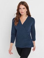 M&Co Blue 3/4 Sleeve Wrap Top - Image 1 of 5