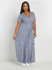 Yours Curve Blue Floral Maxi Wrap Dress - Image 1 of 6