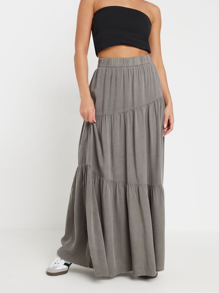PixieGirl Petite Grey Acid Wash Asymetric Tiered Maxi Skirt - Image 2 of 5 PixieGirl Petite Grey Acid Wash Asymetric Tiered Maxi Skirt - Image 2 of 5
