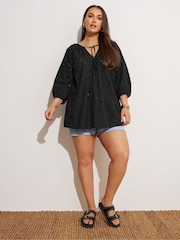 Yours Curve Black Broderie Boho 100% Cotton Top - Image 2 of 5