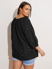 Yours Curve Black Broderie Boho 100% Cotton Top - Image 3 of 5