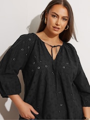 Yours Curve Black Broderie Boho 100% Cotton Top - Image 4 of 5