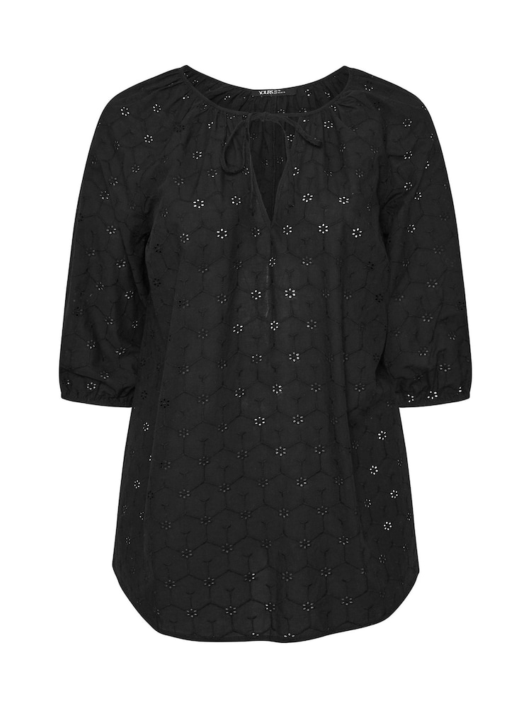 Yours Curve Black Broderie Boho 100% Cotton Top - Image 5 of 5
