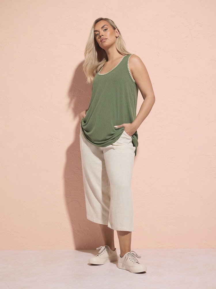 Yours Curve Natural Cropped Linen Trousers With Profile Pockets - Image 1 of 4