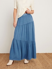 PixieGirl Petite Blue Acid Wash Asymetric Tiered Maxi Skirt - Image 1 of 5