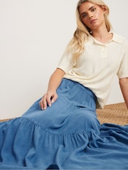 PixieGirl Petite Blue Acid Wash Asymetric Tiered Maxi Skirt - Image 4 of 5