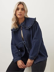 Yours Curve Blue Frilled Collar 100% Cotton Shacket With Tie - Image 2 of 6