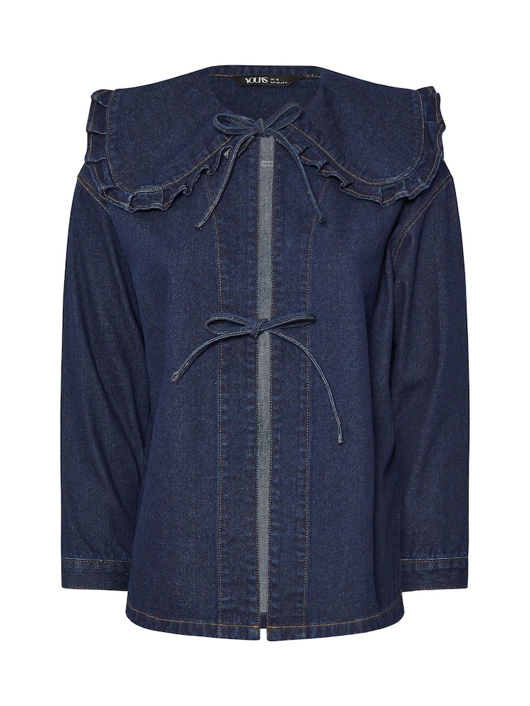 Yours Curve Blue Frilled Collar 100% Cotton Shacket With Tie - Image 6 of 6