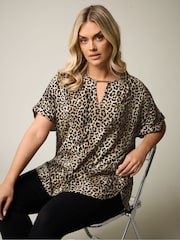 Yours Curve Brown Leopard Trim Neck Short Sleeve Top - Image 1 of 6