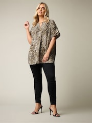 Yours Curve Brown Leopard Trim Neck Short Sleeve Top - Image 3 of 6