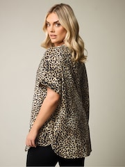 Yours Curve Brown Leopard Trim Neck Short Sleeve Top - Image 4 of 6