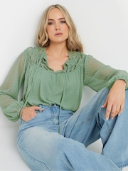 Long Tall Sally Green Dobby Shirred Tie Blouse - Image 1 of 5