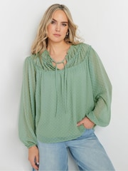 Long Tall Sally Green Dobby Shirred Tie Blouse - Image 2 of 5
