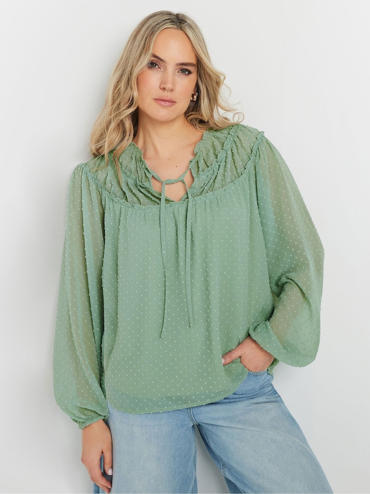 Long Tall Sally Green Dobby Shirred Tie Blouse - Image 2 of 5