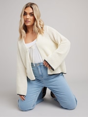 Yours Curve Natural Button Through Crochet Tipped Cardigan - Image 1 of 8