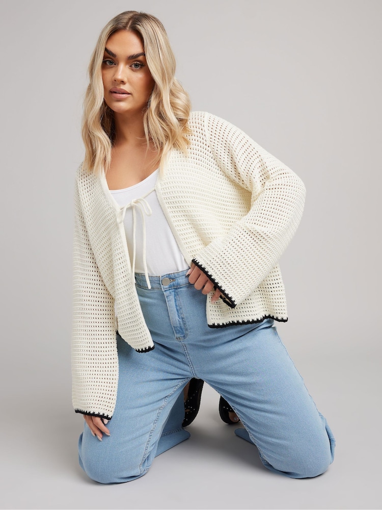 Yours Curve Natural Button Through Crochet Tipped Cardigan - Image 1 of 8