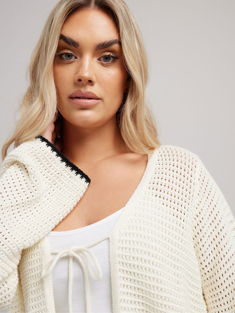 Yours Curve Natural Button Through Crochet Tipped Cardigan - Image 2 of 8 Yours Curve Natural Button Through Crochet Tipped Cardigan - Image 2 of 8