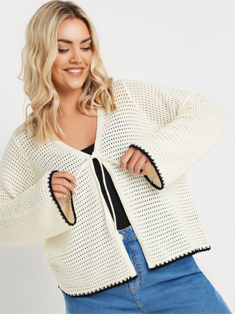 Yours Curve Natural Button Through Crochet Tipped Cardigan - Image 5 of 8