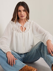 Long Tall Sally Natural Dobby Shirred Tie Blouse - Image 1 of 6