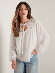 Long Tall Sally Natural Dobby Shirred Tie Blouse - Image 2 of 6