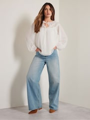 Long Tall Sally Natural Dobby Shirred Tie Blouse - Image 3 of 6